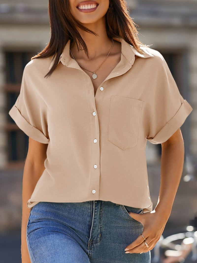 Beautife Womens Short Sleeve Shirts V Neck Collared Button Down Shirt Tops with Pockets (Small, Pink) - Image 3